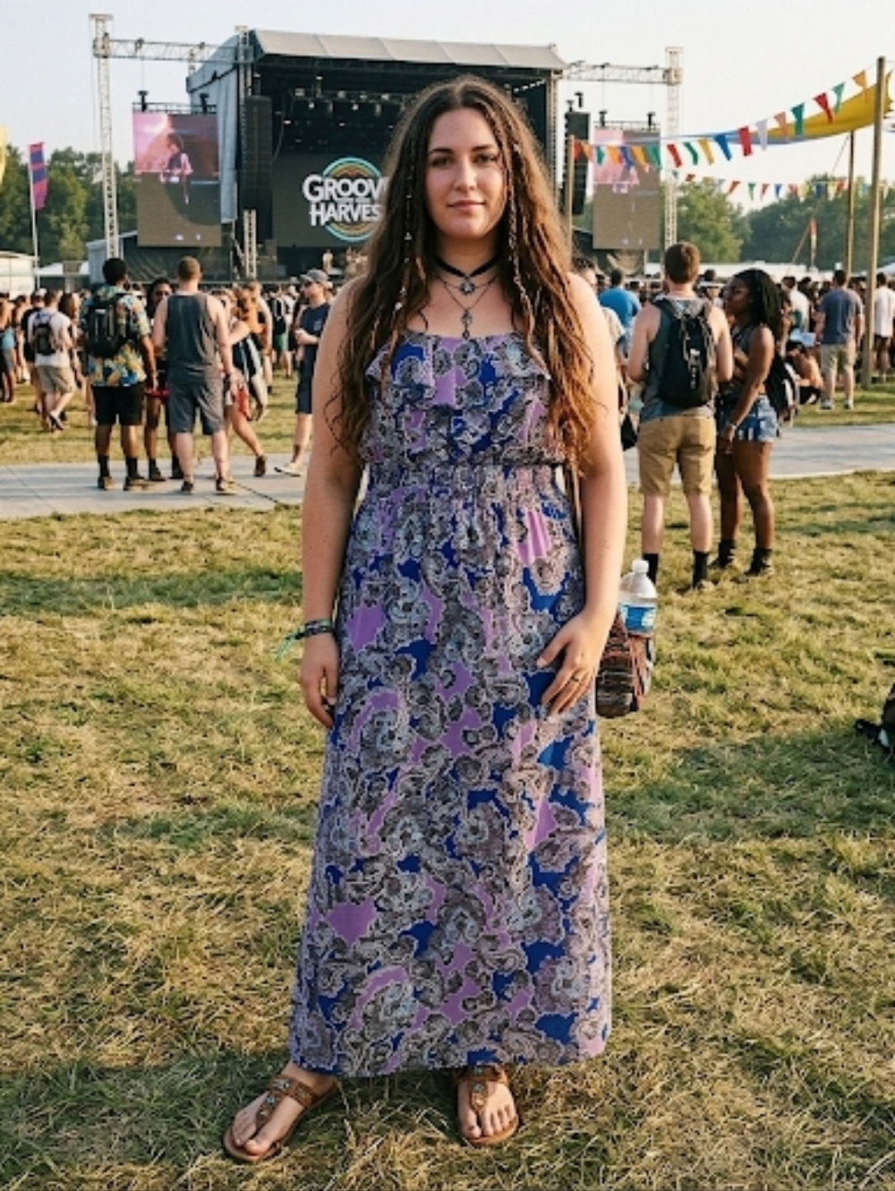 XL Lavender Paisley Boho Strappy Faded Glory Festival Chiffon Hippie Maxi Dress